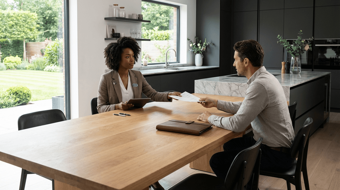 Mobile notary guiding a borrower through documents at their kitchen table