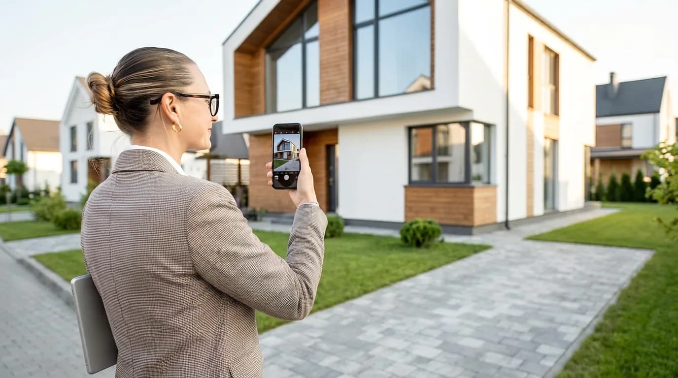 Mortgage field inspector photographing the exterior of a property